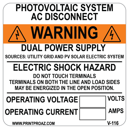4x4 Photovoltaic System AC Disconnect, Vinyl Decal, V-116