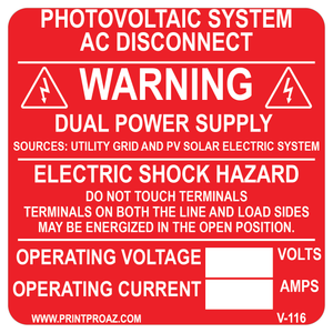4x4 Photovoltaic System AC Disconnect, Vinyl Decal, V-116