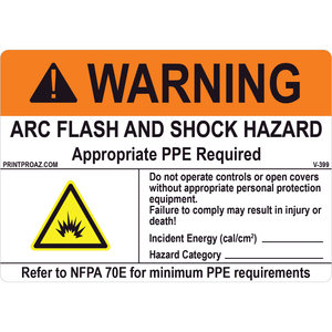 5x3.5 Custom Warning Arc Flash and Shock Hazard, Vinyl Decal, V-399