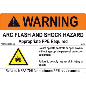 5x3.5 Warning Arc Flash and Shock Hazard, Vinyl Decal, V-398