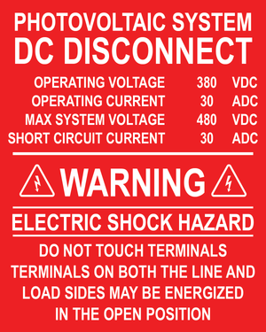 5x4, Photovoltaic System DC Disconnect, Plastic Solar Labels, PV-409