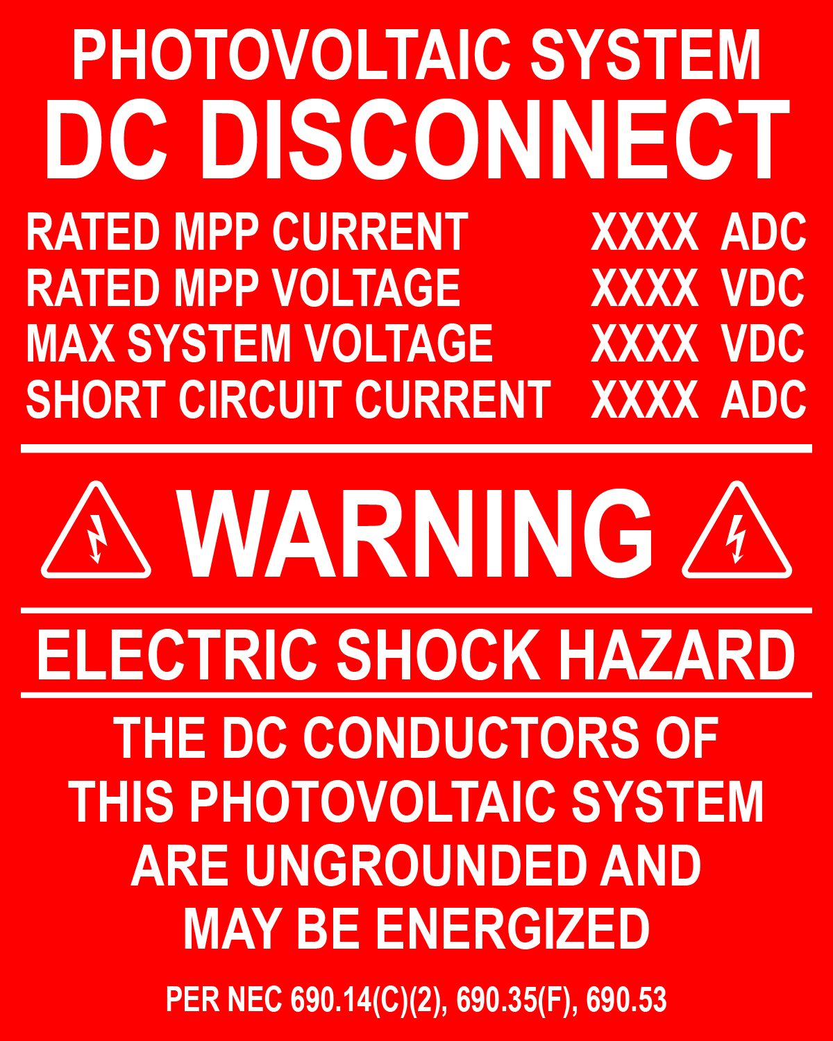 5x4, Photovoltaic System DC Disconnect Plastic Solar Labels PV-412