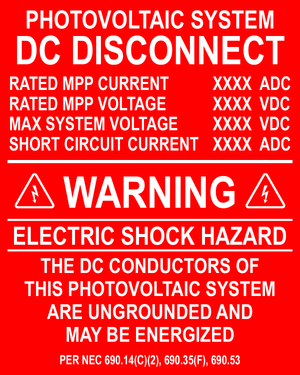 5x4, Photovoltaic System DC Disconnect Plastic Solar Labels PV-412
