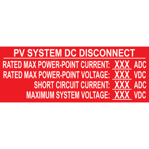 6x2.25 Custom PV System DC Disconnect, Plastic Solar Labels, PV-398