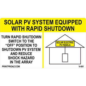 6x3.5 Solar PV System Equipped with Rapid Shutdown, Vinyl Decal Solar Labels, V-491
