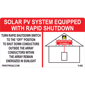 6x3.5 Solar PV System Equipped with Rapid Shutdown, Vinyl Decal Solar Labels, V-492