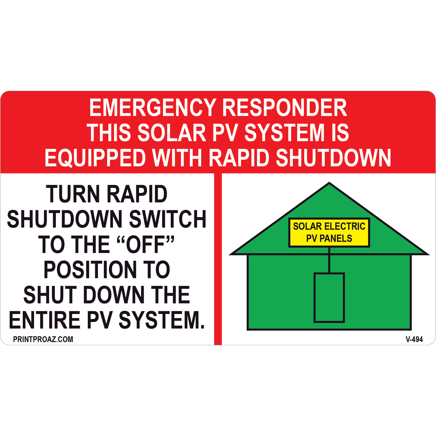 6x3.5 Solar Rapid Shutdown Label, Vinyl Decal Solar Labels, V-494