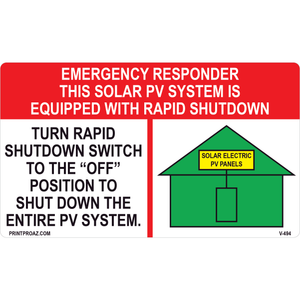 6x3.5 Solar Rapid Shutdown Label, Vinyl Decal Solar Labels, V-494