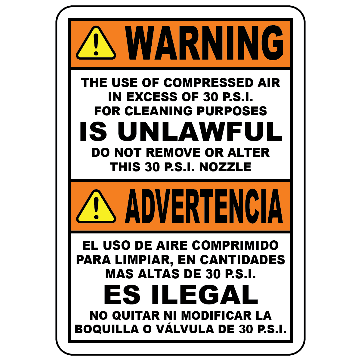 Bilingual compressed air 30 PSI safety sign in English and Spanish for OSHA cleaning compliance