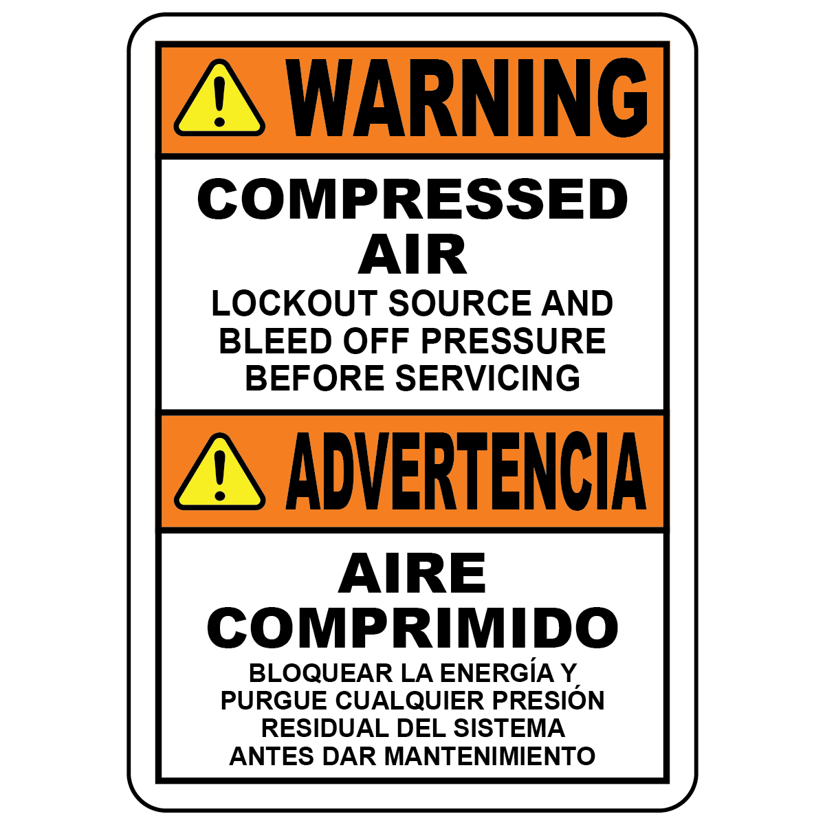 Bilingual compressed air lockout sign in English and Spanish for safe equipment servicing