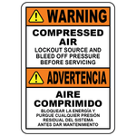 Bilingual compressed air lockout sign in English and Spanish for safe equipment servicing