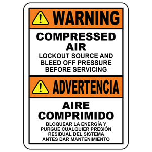 Bilingual compressed air lockout sign in English and Spanish for safe equipment servicing