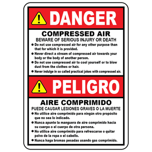 Bilingual compressed air rules sign in English and Spanish for industrial workplace safety