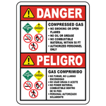 Bilingual compressed gas safety sign with DOT and no smoking symbols in English and Spanish