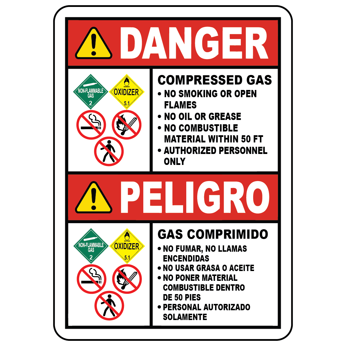 Bilingual compressed gas safety sign with DOT and no smoking symbols in English and Spanish