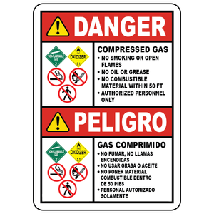 Bilingual compressed gas safety sign with DOT and no smoking symbols in English and Spanish
