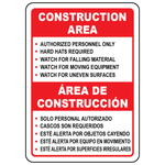 Bilingual OSHA construction area rules sign with hard hat and hazard warnings
