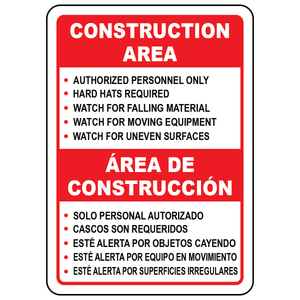 Bilingual OSHA construction area rules sign with hard hat and hazard warnings