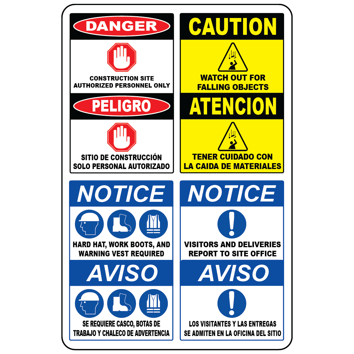 Bilingual construction safety banner with PPE and falling object warnings