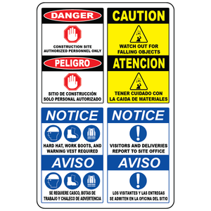 Bilingual construction safety banner with PPE and falling object warnings