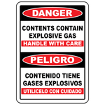 Bilingual danger contents under pressure sign in English and Spanish for industrial safety
