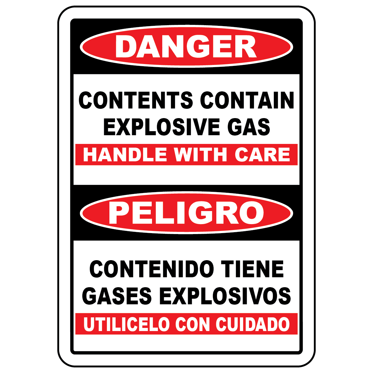 Bilingual danger contents under pressure sign in English and Spanish for industrial safety
