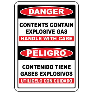 Bilingual danger contents under pressure sign in English and Spanish for industrial safety