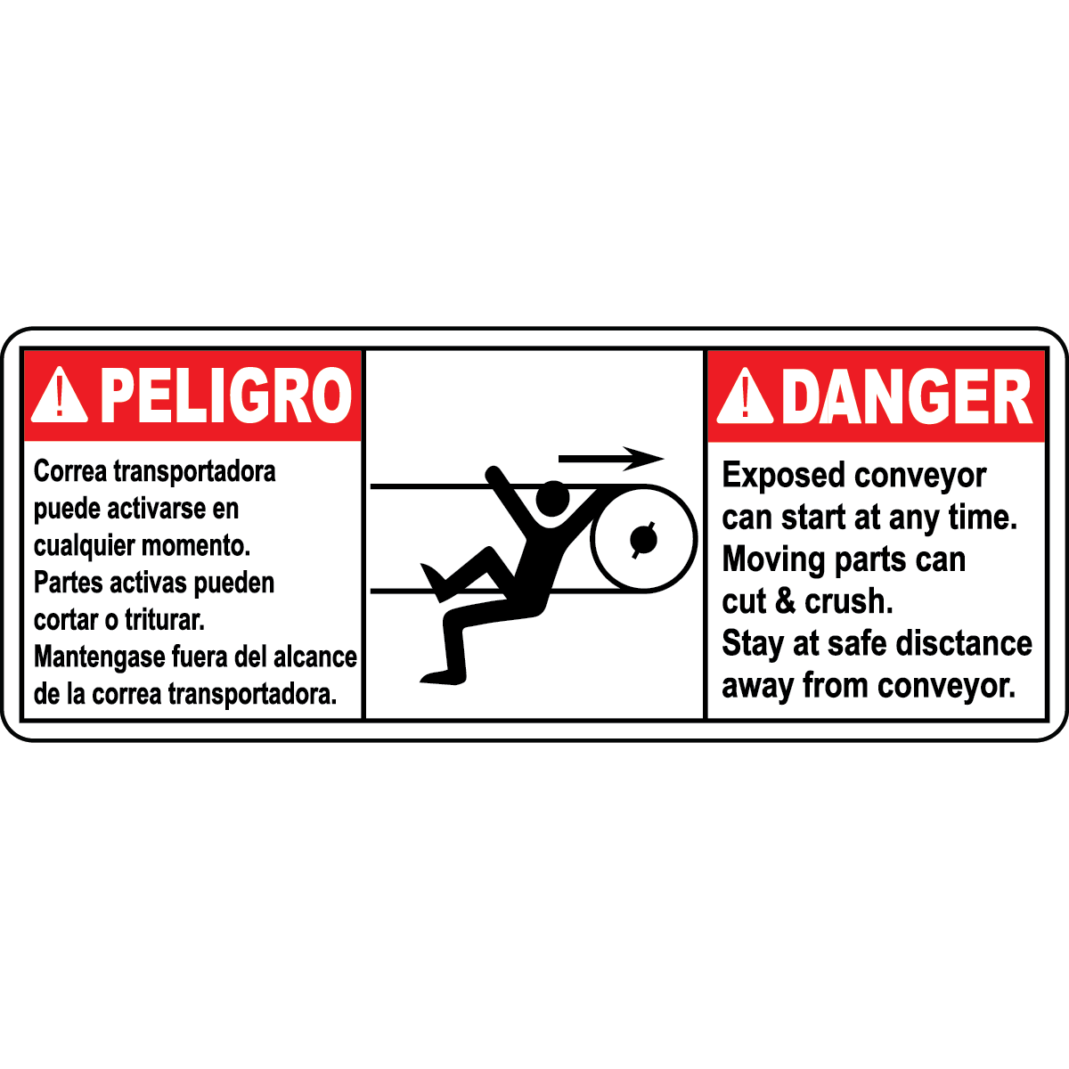 Bilingual conveyor crush hazard safety sign