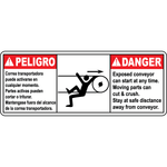Bilingual conveyor crush hazard safety sign