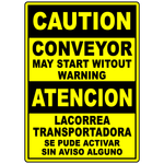 Bilingual conveyor may start without warning safety sign