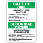 Bilingual cylinder changing safety sign in English and Spanish