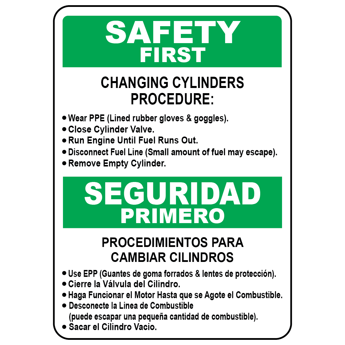 Bilingual cylinder changing safety sign in English and Spanish