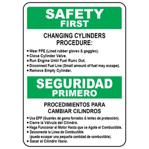 Bilingual cylinder changing safety sign in English and Spanish