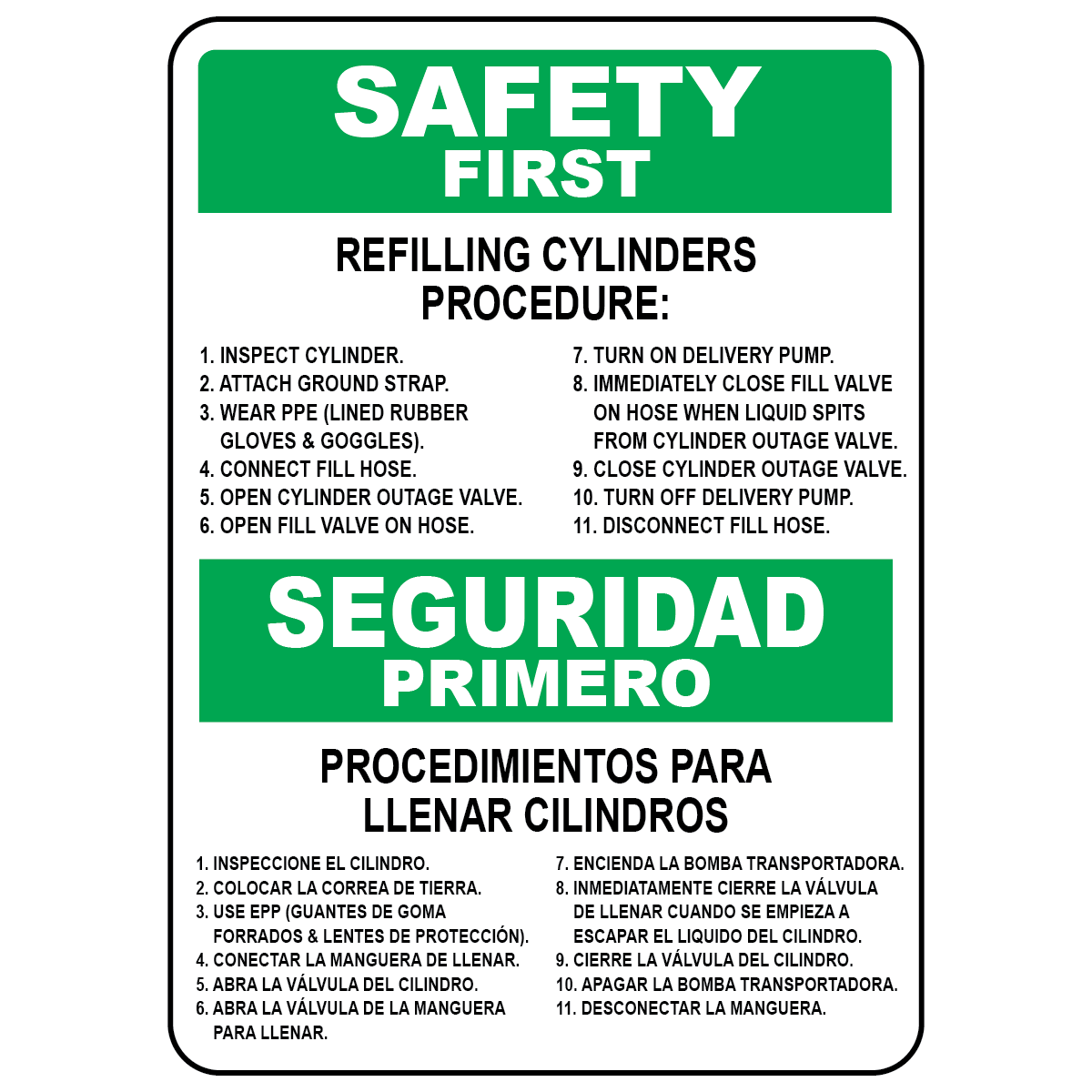 Bilingual cylinder refilling procedure sign in English and Spanish