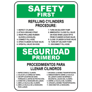 Bilingual cylinder refilling procedure sign in English and Spanish