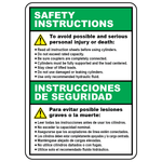 Bilingual cylinder safety instructions sign in English and Spanish