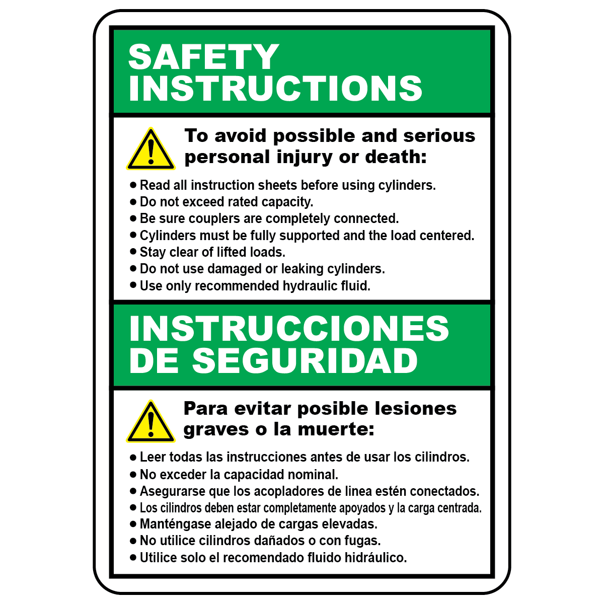 Bilingual cylinder safety instructions sign in English and Spanish