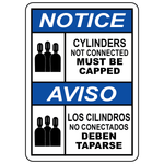 Bilingual cylinders not connected must be capped safety sign with cylinder symbol