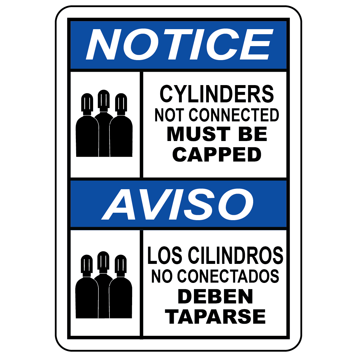 Bilingual cylinders not connected must be capped safety sign with cylinder symbol