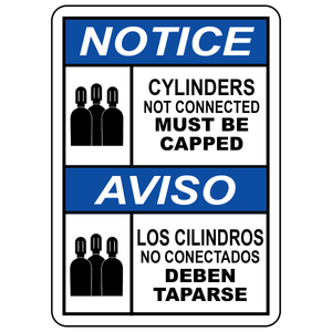 Bilingual cylinders not connected must be capped safety sign with cylinder symbol