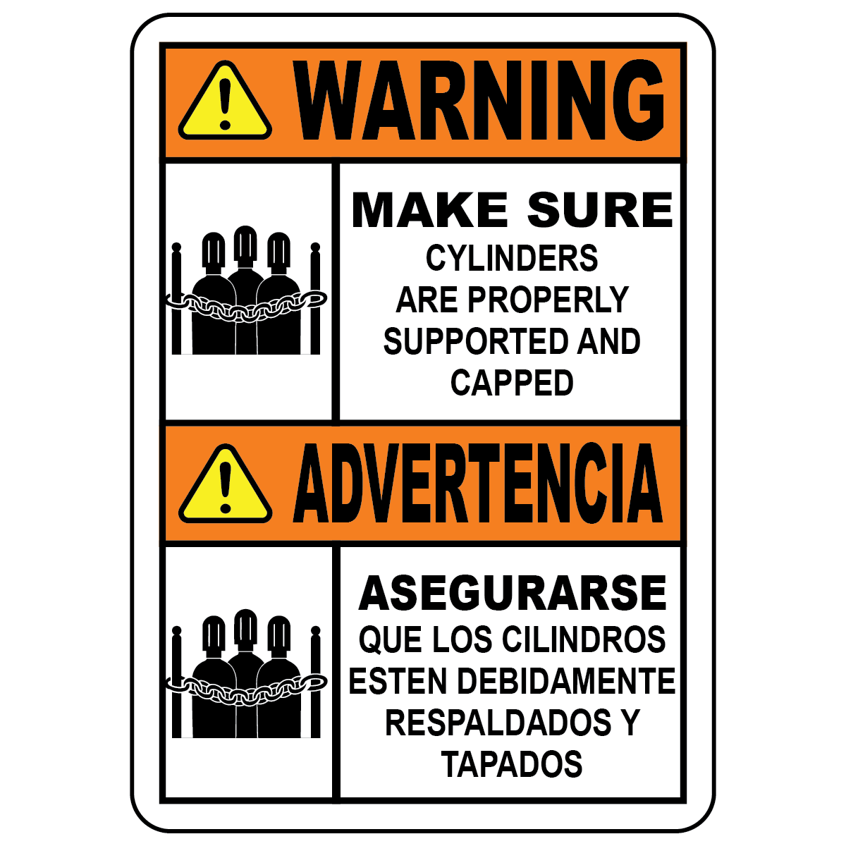 Bilingual cylinders supported and capped safety sign with cylinder symbol