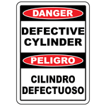 Bilingual danger defective cylinders sign in English and Spanish for gas cylinder safety