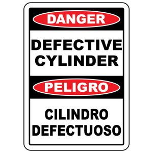 Bilingual danger defective cylinders sign in English and Spanish for gas cylinder safety