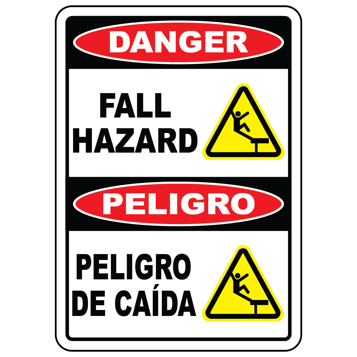 Bilingual danger fall hazard sign with English and Spanish warning and symbol