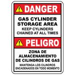 Bilingual gas cylinder storage danger sign reminding workers to keep cylinders chained