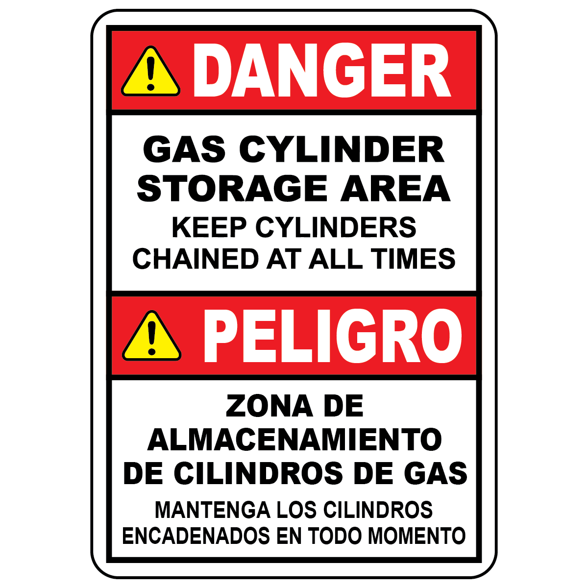 Bilingual gas cylinder storage danger sign reminding workers to keep cylinders chained