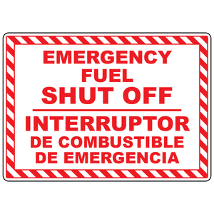 Bilingual emergency fuel shut-off sign in English and Spanish for fuel safety and emergency response