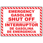 Bilingual emergency gasoline shut-off sign in English and Spanish for fuel safety and emergency response