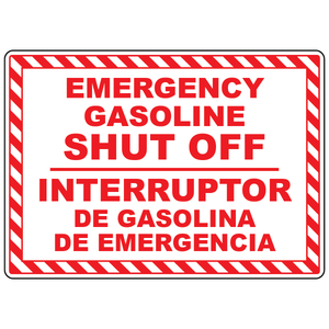 Bilingual emergency gasoline shut-off sign in English and Spanish for fuel safety and emergency response