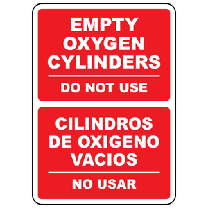 Bilingual empty oxygen cylinders do not use sign in English and Spanish